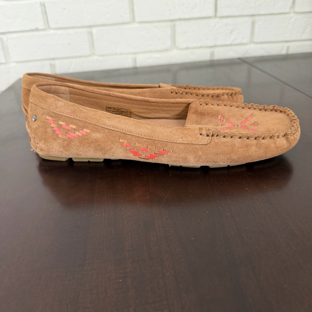 UGG Chestnut Suede Moccasin Flats with Pink Accent